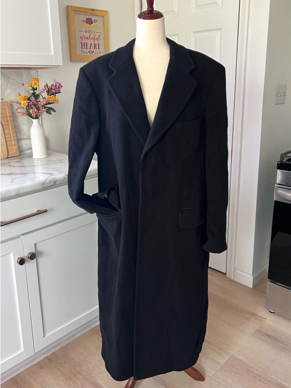 Vintage Burberry’s Camel Hair Black Trench Style Buttoned Front Long Length Coat